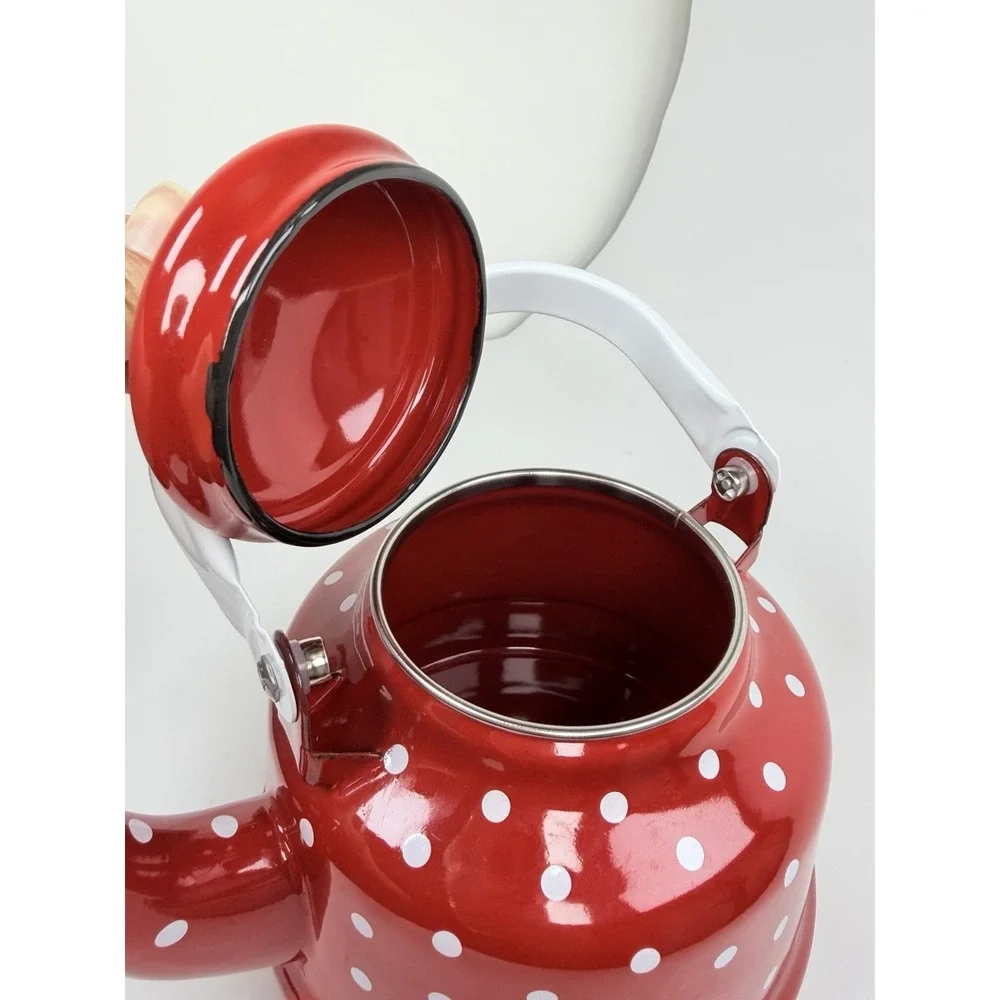 1L Red White Polka Dot Enamel Tea Kettle Teapot w/ Lid Stovetop Water Boiler